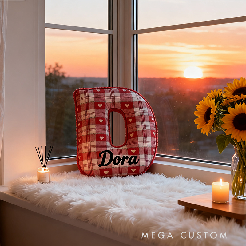 Personalized Red and White Plaid Heart Letter Pillow Custom Name Personalized Appreciation Gifts