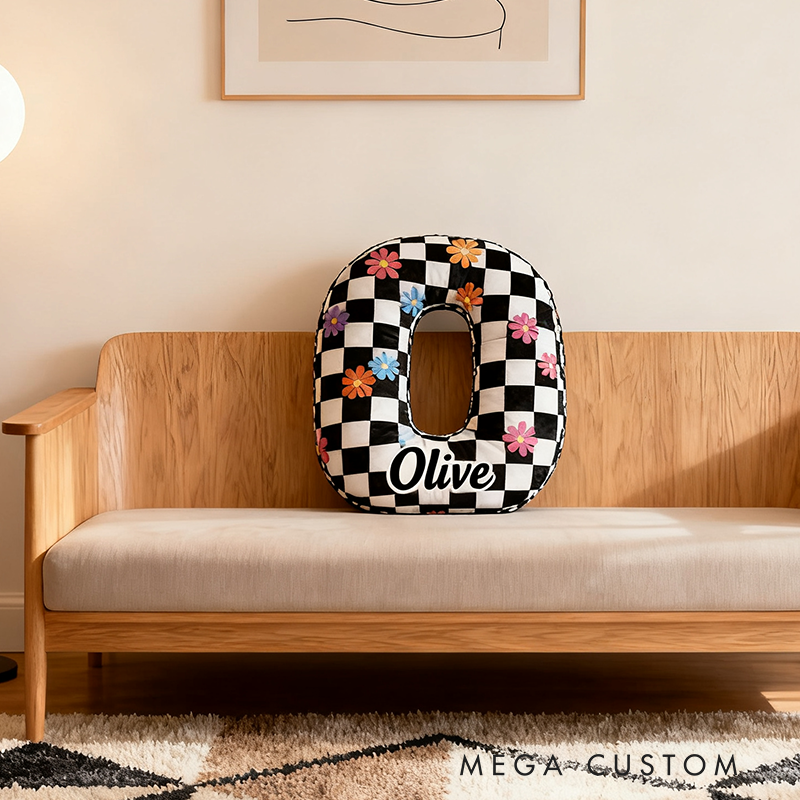 Personalized Black and White Checkered Flower Letter Pillow Custom Name Initial Decorative Appreciation Gifts