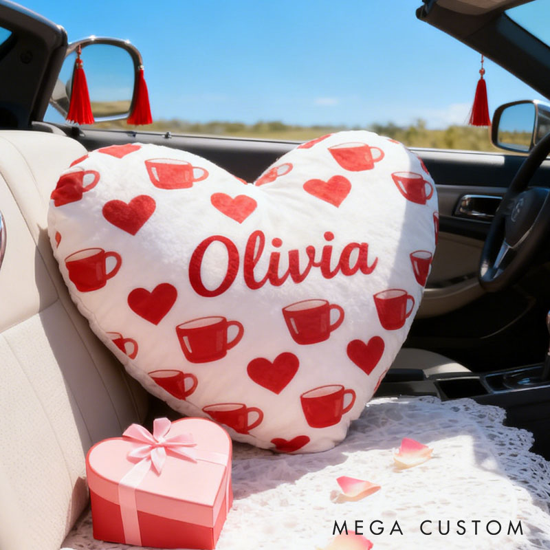 Personalized Girl friend Heart Shaped Coffee Mug Pillow Custom Couple Name Valentines Day Cushion Anniversary Date Night Gift for Her