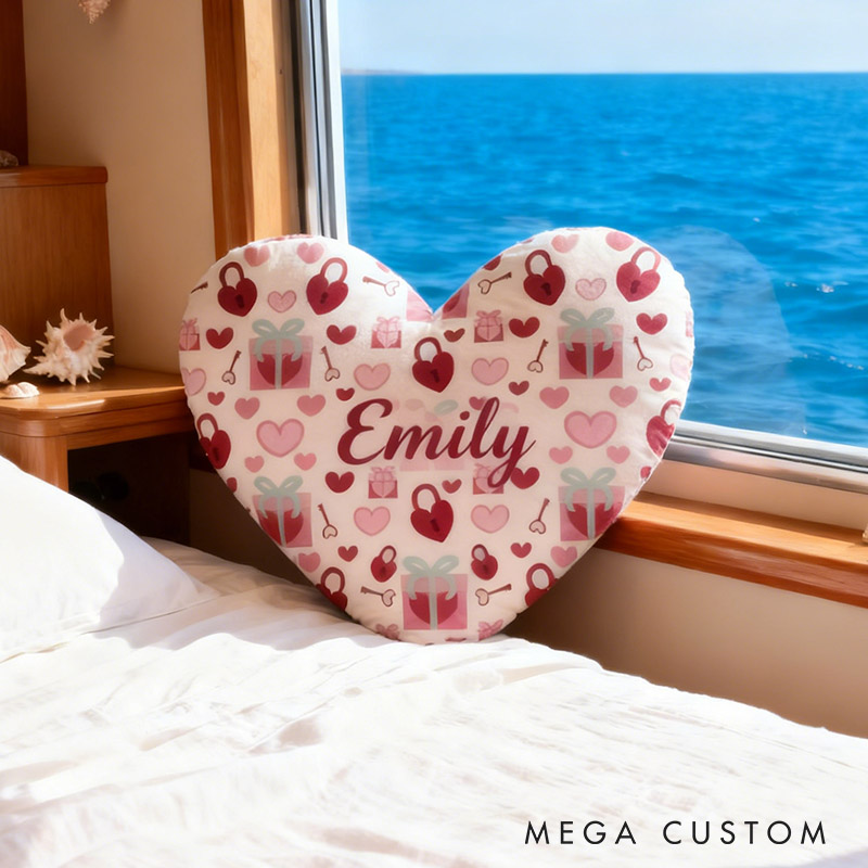 Personalized Girl friend Heart Shaped Love Lock Pillow Custom Couple Name Valentines Day Cushion Anniversary Date Night Gift for Her Wife Girlfriend