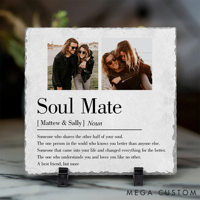 Personalized Couple Photo Soulmate Square Shaped Stone with Stand Custom Newlyweds Photo Stone Wedding Gift Christmas Valentines Day Gift for Him Her