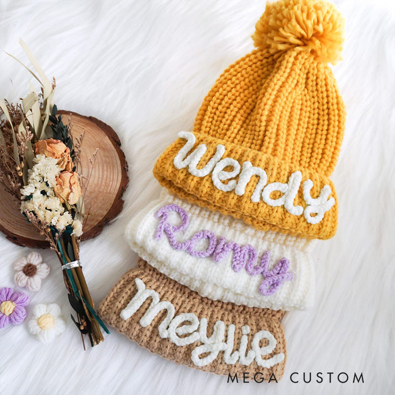 Personalized Knit Kids Beanie with PomPom Handmade Winter Hat Gift for Kids