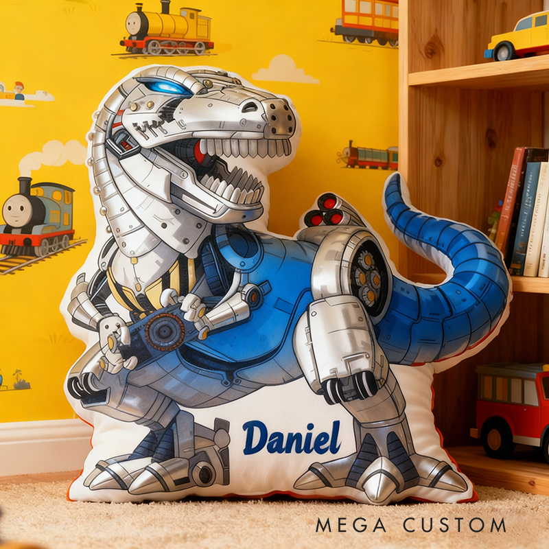 Personalized Robot Dinosaur Name Custom Soft Decorative Gift Futuristic Mechanical Style Fun Playful Cozy Boy Room Exciting Tech Power Jurassic Metal Graphic 3D Print Pillow