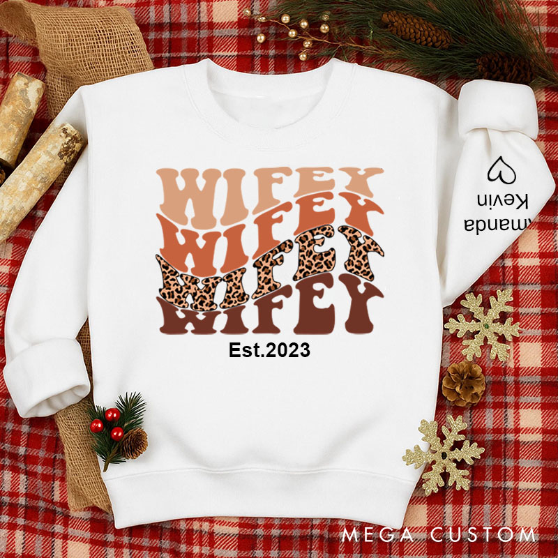 Personalized Wifey Sweatshirt Leopard Print Sweatshirt Valentine's Day Gift  for Wife Custom Anniversary Couple Sweatshirt Wifey Est Shirt