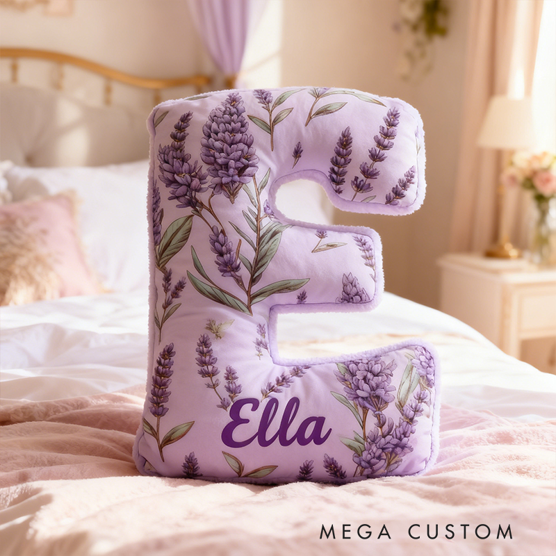 Personalized Lavender Floral Letter Pillow 3D Graphic Print Custom Name and Initial Appreciation Gifts