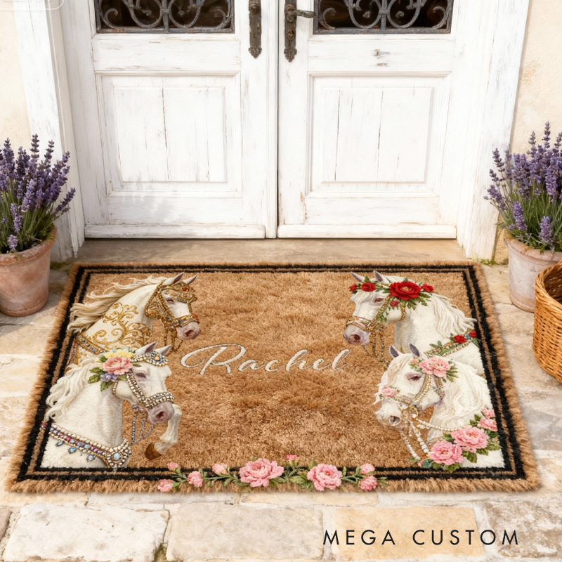 Personalized Rugs Riding Floral Doormat Floral Horse Custom Name Festive Flower Decor with French Countryside Gifts Doormat for Family for Riding Lovers Equestrian Lovers