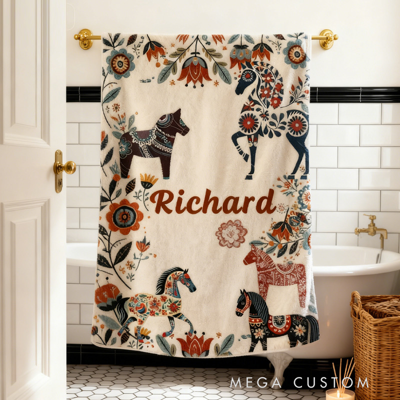 Personalized Riding Floral Blanket Floral Horse Custom Name Throw Blanket Festive Flower Decor with French Countryside Gifts Family Blanket for Riding Lovers Equestrian Lovers