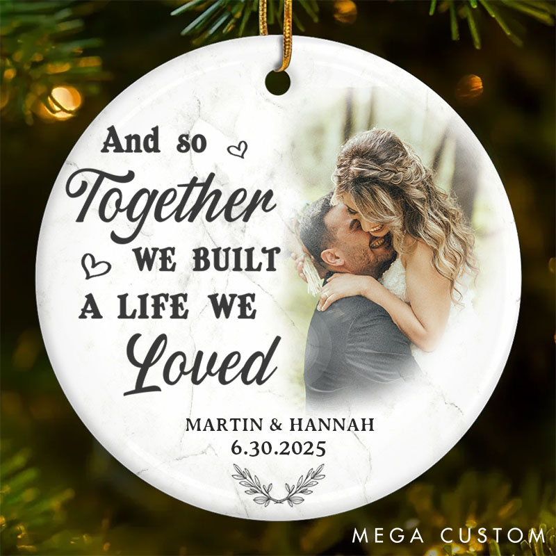 Personalized Couple Photo My Favorite Place in All the World is Next to You Round and Heart Shaped Ceramic Ornament Christmas Valentines Day Gift