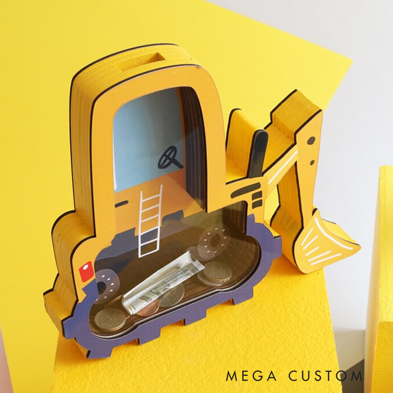 Personalized Excavator Piggy Bank, Bulldozer Custom Name Money Box, Tractor Piggy Banks for Boys Personalized, Construtction Vehicle, Digger