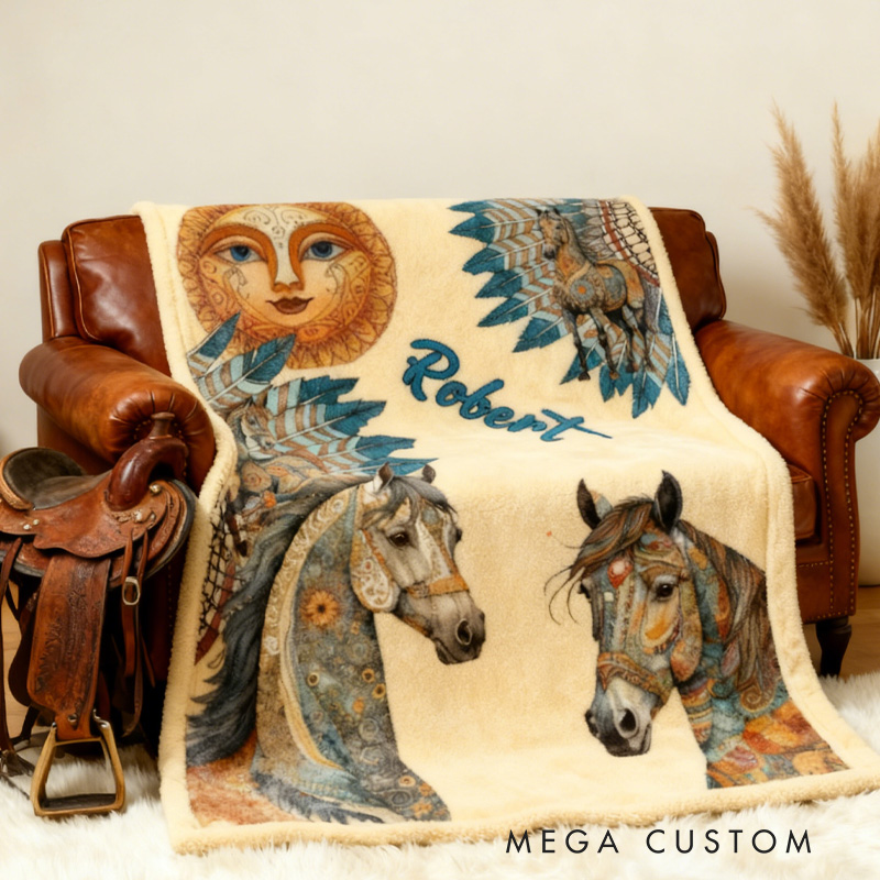 Personalized Riding Feather Sun Blanket Flower Horse Custom Name Festive Flower Decor with French Countryside Gifts Family Blanket for Riding Lovers Equestrian Lovers