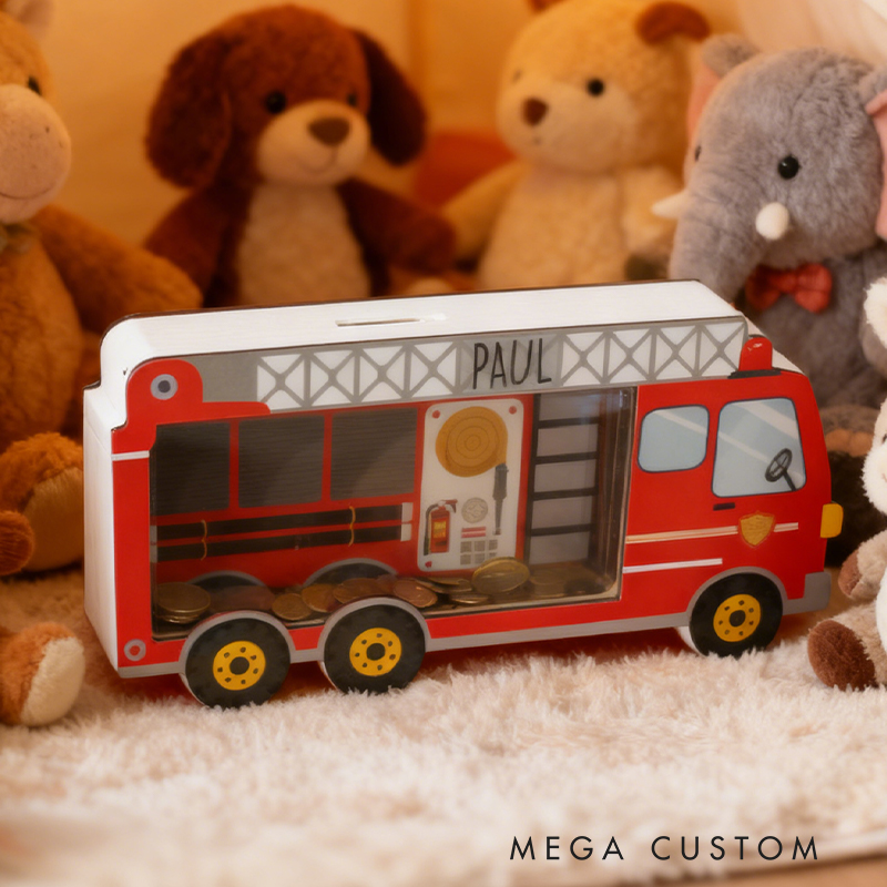 Personalized Fire Truck Piggy Bank, Custom Name Money Box, Fire Truck Piggy Banks for Boys Personalized, Construction Vehicle, Fire Truck