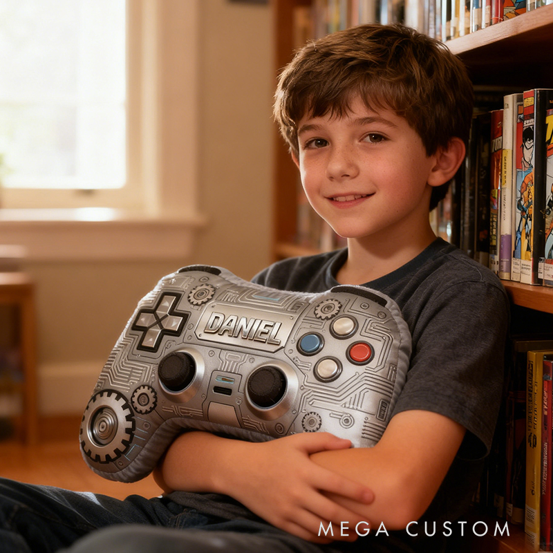 Personalized Graphic 3D Print Retro Metallic Silver Game Controller Shaped Pillow for Game Lovers Plush Pillow Christmas Birthday Party Gift for Kids