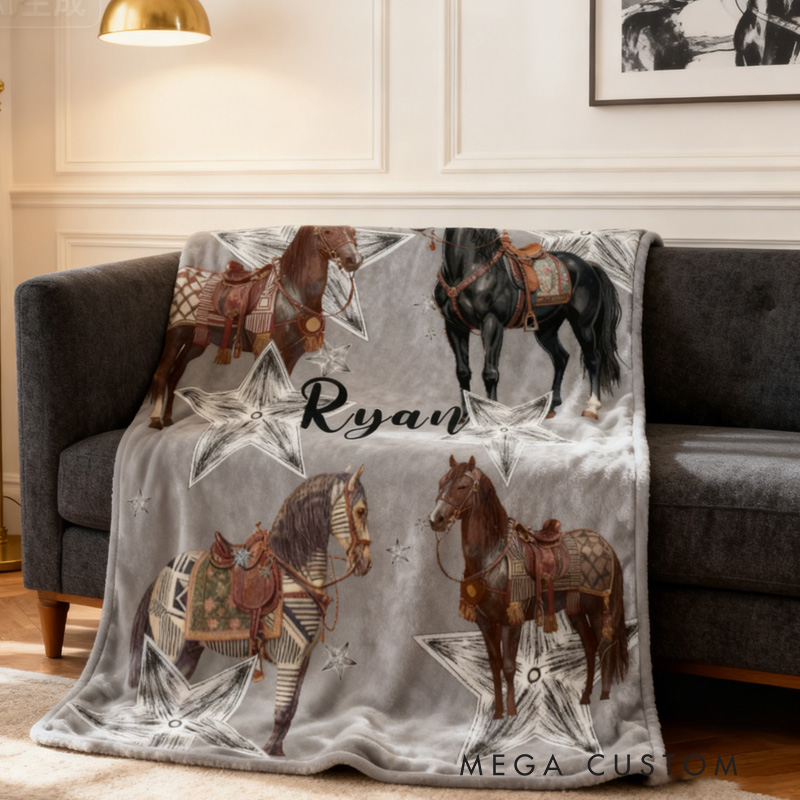 Personalized Riding Star Blanket Equestrian Horse Custom Name Festive Stars Decor with French Countryside Gifts Family Blanket for Riding Lovers Equestrian Lovers