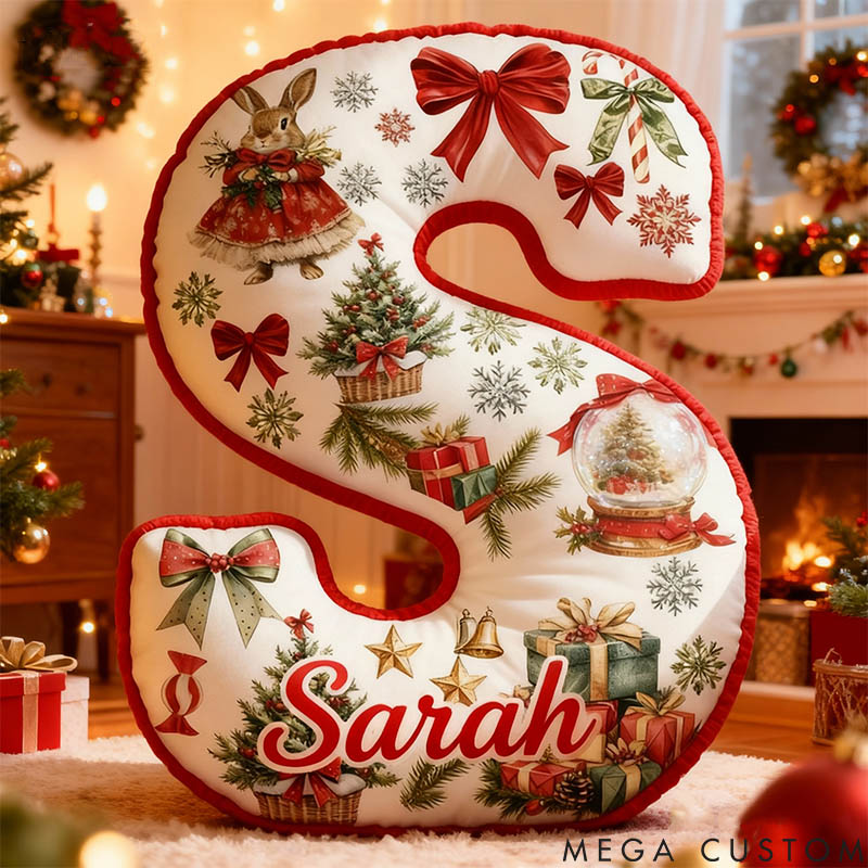 Personalized Girl friend Christmas Rabbit 26 Letters Pillow Custom Red Bow Bunny Graphic 3D Printed Alphabet Initials Cushion Christmas Gift for Her