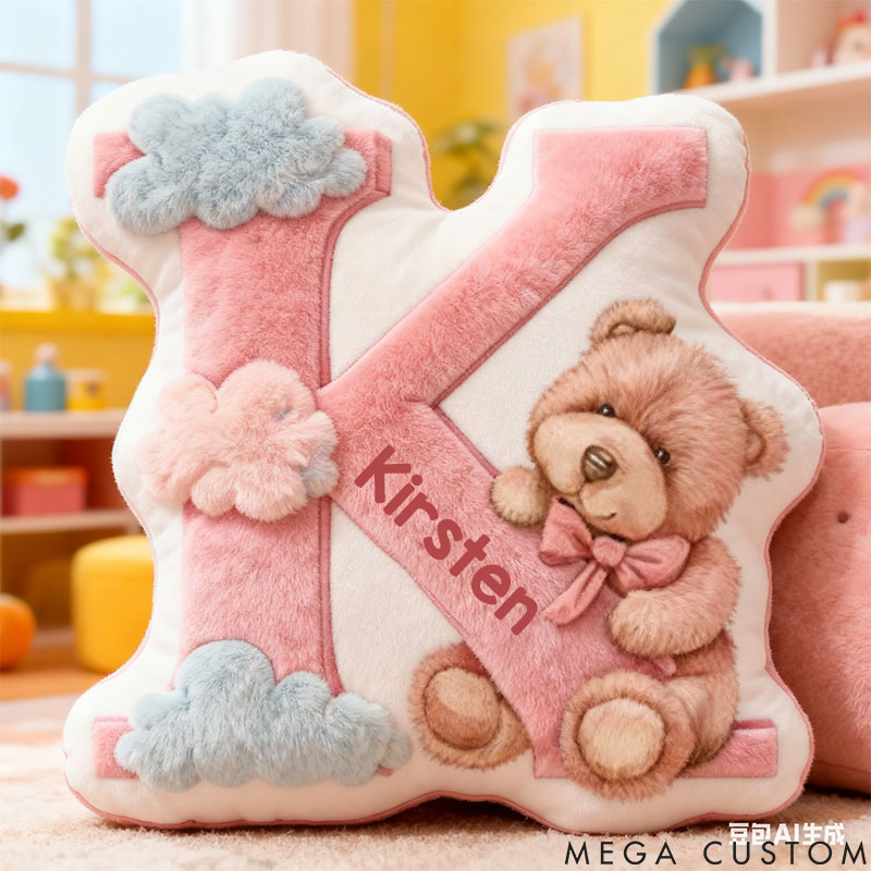 Personalized Flower Girl Pink Bear and Cloud 26 Letters Pillow Custom Girl friend Graphic 3D Printed Alphabet Initials Cushion Birthday Gift for Her