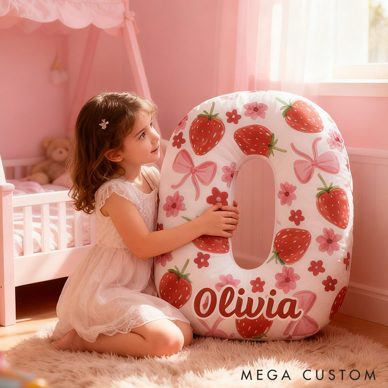 Personalized Rosette Strawberry Letter Pillow Initial Throw Pillow Custom Holiday Home Decor Letter Pillow for Flower Girl for Girl friend
