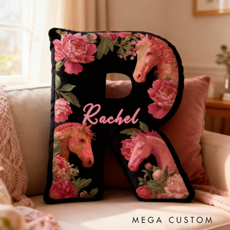 Personalized Riding Equestrian Floral Letter Pillow Horse Custom Name Festive Flower Decor with French Countryside Gifts for Family Graphic 3D Print for Riding Lovers Equestrian Lovers