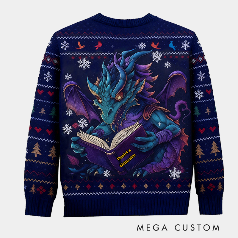 Personalized Magic Dragon Ugly Christmas Sweater Gift for Librarians and Reading Enthusiasts