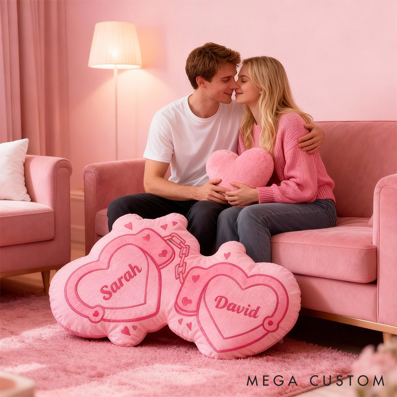 Personalized Couple Pink Heart Handcuff with Names Couple Home Pillow Romantic Valentine's Day Gift for Girlfriend for Wife Husband 