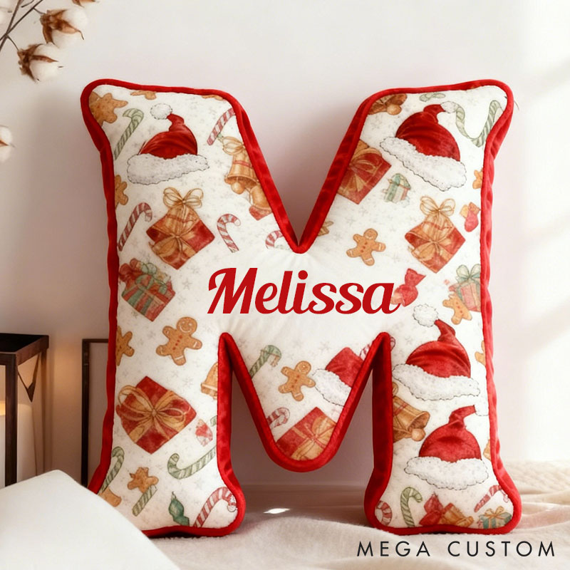 Personalized Christmas Letter Pillow Gingerbread Man Bell Christmas Gift Pattern Pillow Custom Holiday Vibes Throw Pillow Christmas Gift Pillow