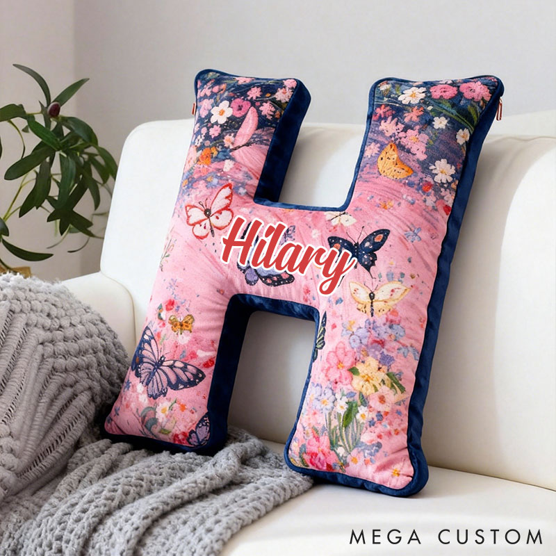 Personalized Butterfly and Floral Letter Pillow Custom Elegant Flowers Pattern Throw Pillow Christmas Butterflies Decor Pillow for Her Him