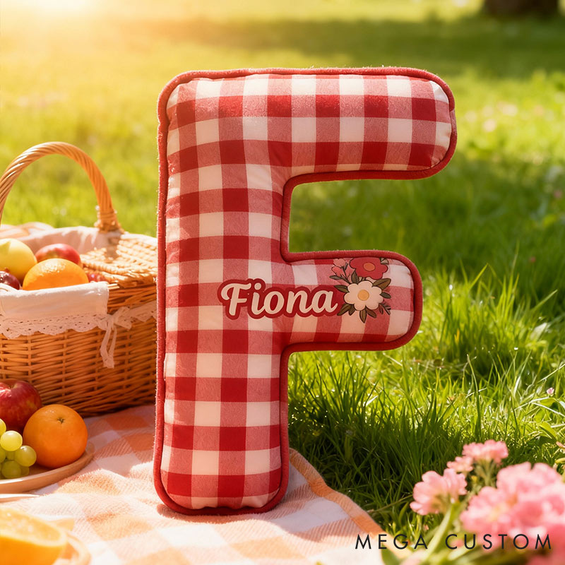 Personalized Red Checkerboard Flower Letter Pillow Initial Flower Throw Pillow Custom Holiday Home Decor Letter Pillow for Flower Girl for Girl friend