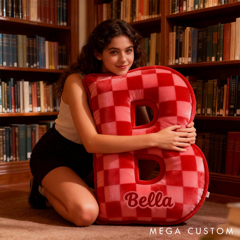 Personalized Vintage Red Checkerboard Letter Pillow Initial Throw Pillow Custom Holiday Home Decor Letter Pillow for Flower Girl for Girl friend