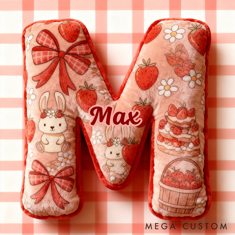 Personalized Strawberry Rabbit Letter Pillow Initial Rabbit Throw Pillow Custom Holiday Home Decor Letter Pillow for Flower Girl for Girl friend