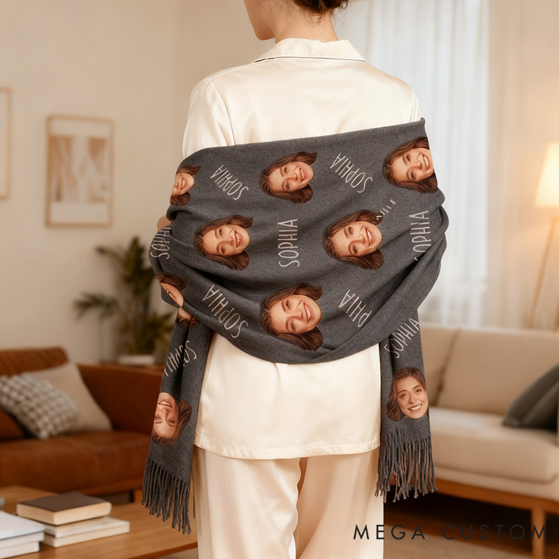 Personalized Funny Girlfriend Wife Face Photo Scarf Custom Boyfriend Husband Name Scarf with Men Women Photo Valentines Day Christmas Gift for Him Her