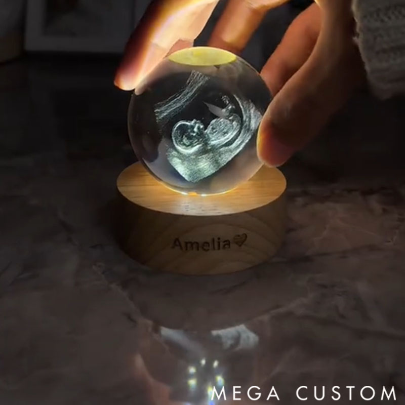 Personalized Crystal Ball Night Light, Custom 2D Photo Ultrasound Picture Frames, Luminous Wooden Base