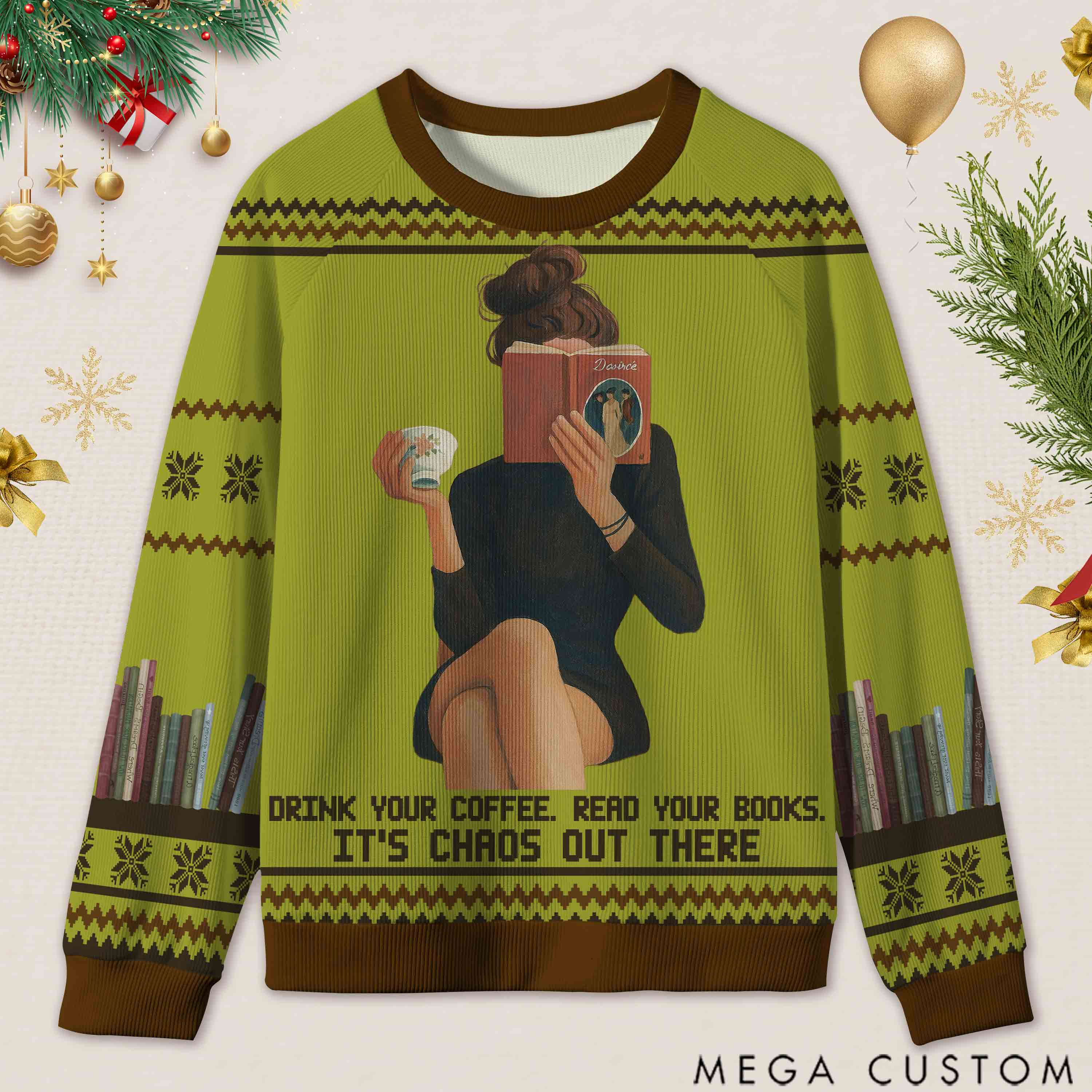 Personalized Bookish Barista Tranquil Reading Ugly Sweater Holiday Gift for Book Lovers
