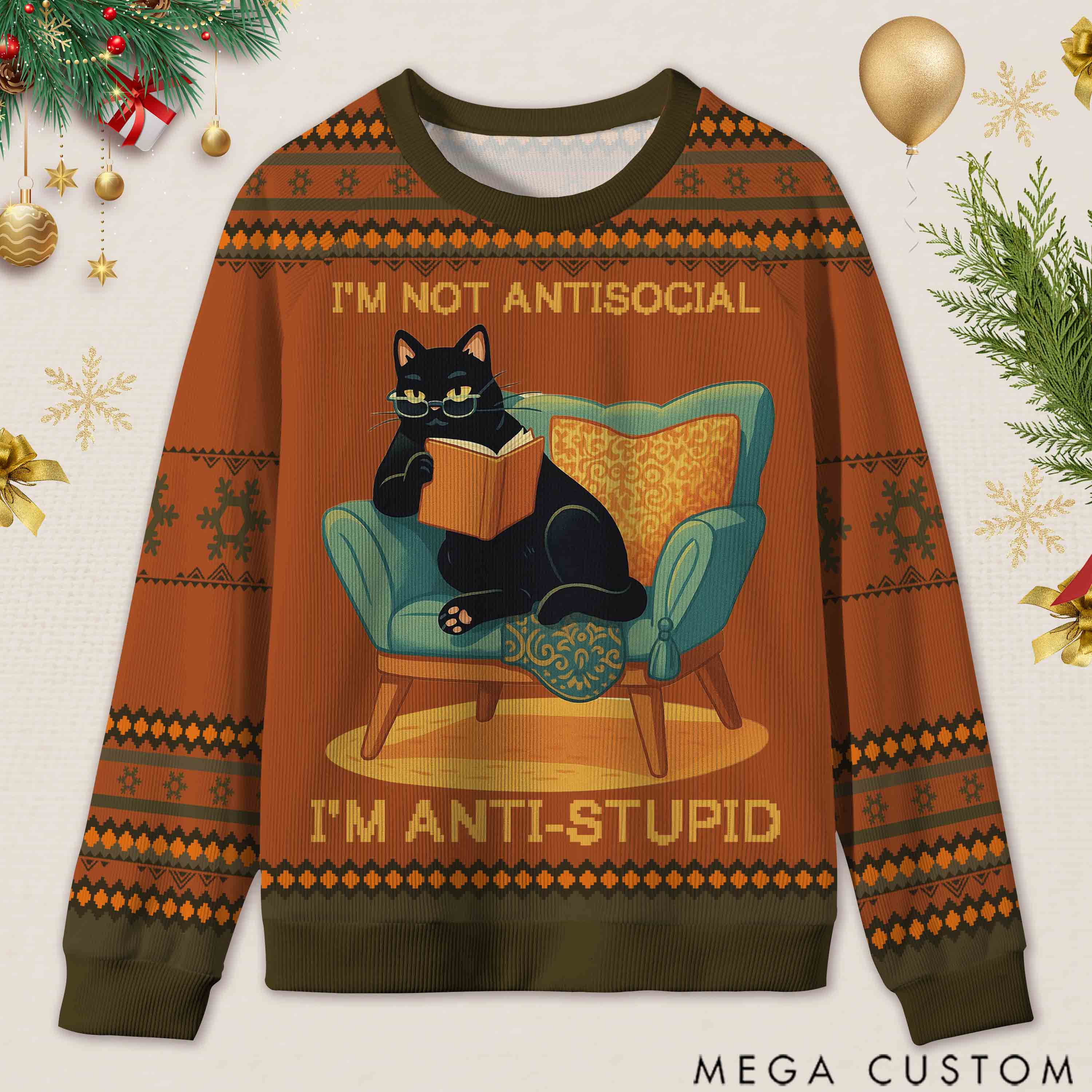 Personalized Wise Bookish Cat Reading Ugly Sweater Holiday Gift for Book Lovers