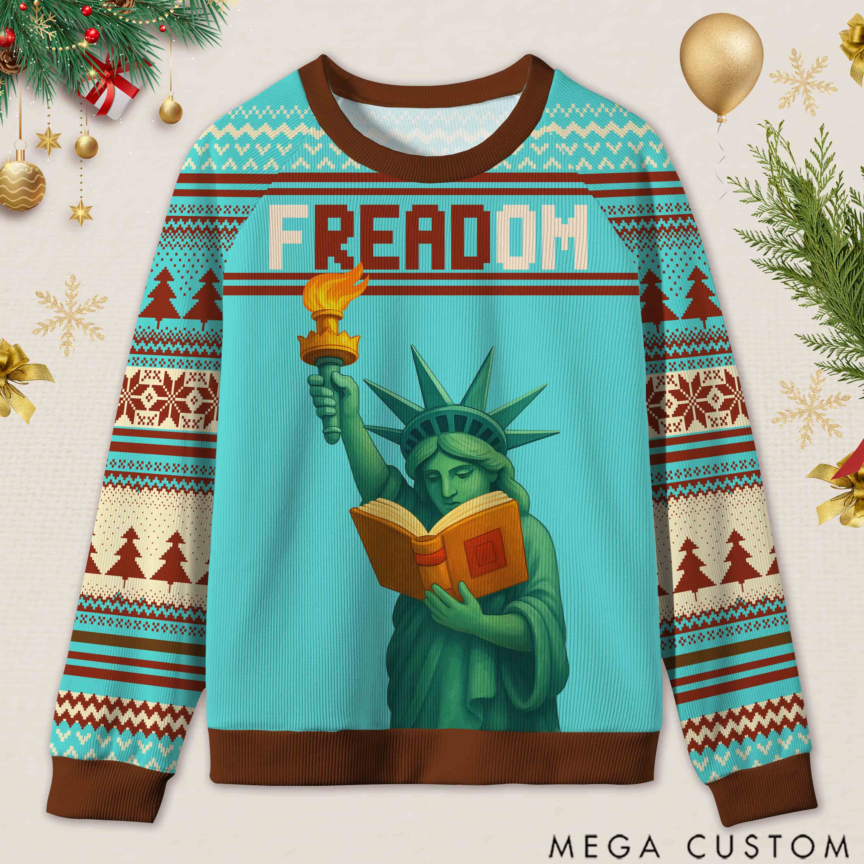 Personalized Reading Freedom Statue Fun Ugly Sweater Holiday Gift for Book Lovers