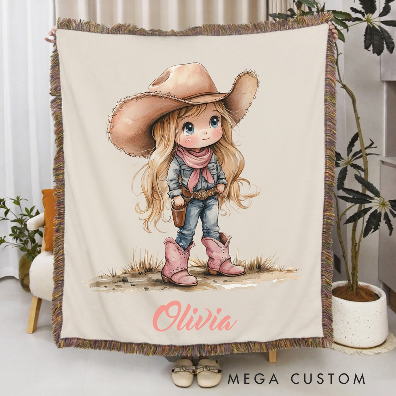 Personalized Cartoon Cowboy Cowgirl Tassel Soft Throw Blanket with Name Home Decor Birthday Gift for Kids Cowboy Lovers