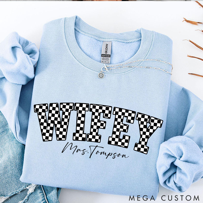 Personalized Checkered Wifey Sweatshirt with Name Custom Black and White Plaid Wifey Sweatshirt for Wife Couple Valentines Gift for Her