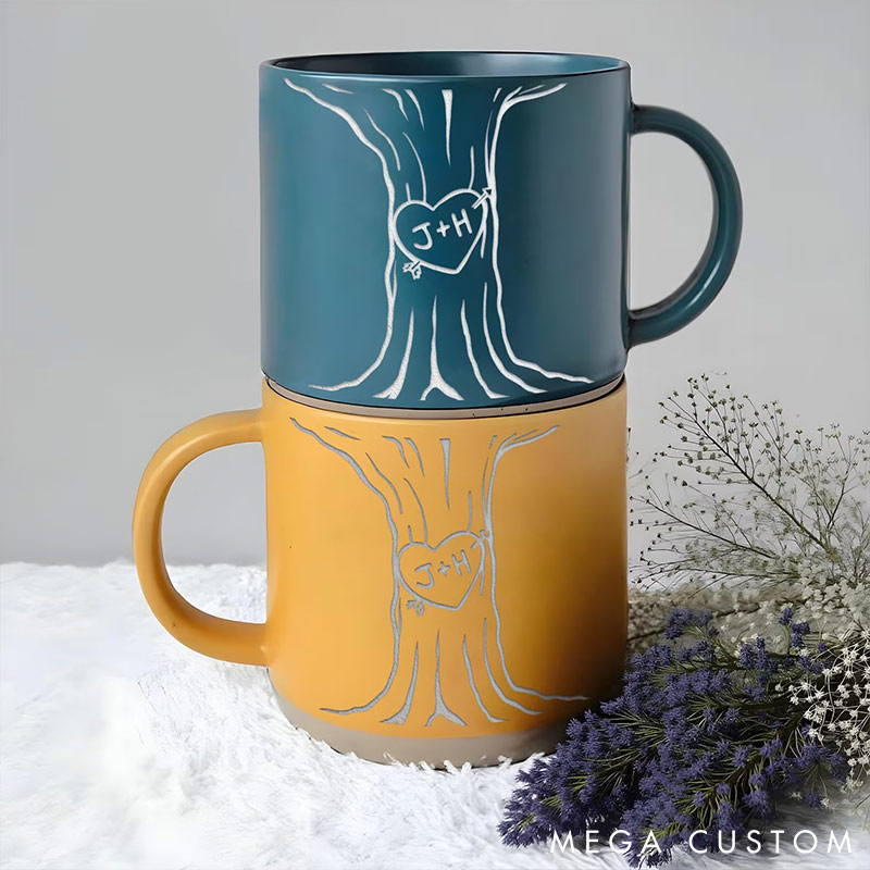 Personalized Carved Initials In A Heart Tree Couple Mug Engraved Couple Pottery Mug Valentine's Day Gift for Couple Him Her Mug for Husband  Wife