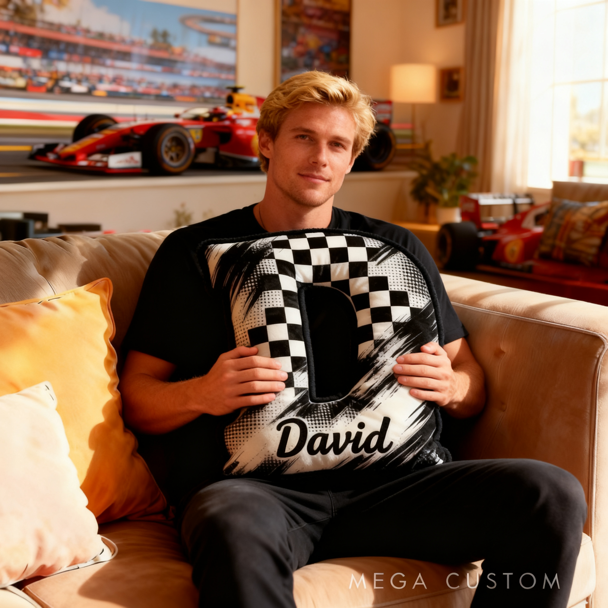 Personalized Racing Checkered Flag Letter Pillow Custom Name Initial Cushion Gift for Racing Lovers and Racers