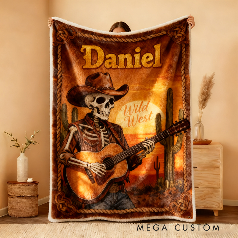 Personalized Wild West Skull Guitar Blanket Flannel Blanket Music Blanket with Name for Him for Husband Boyfriend Son Friends Familys