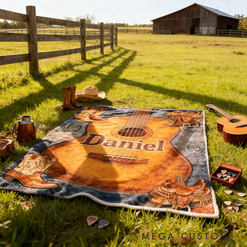 Personalized West Cowboy Guitar Blanket Flannel Blanket Music Blanket with Name for Him for Husband Boyfriend Son Friends Familys