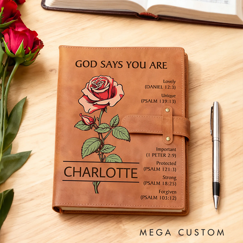 Personalized God Says you are Birth Flower PU Leather Notebook Cover with Name Religious Gift Birthday Gift for Christian