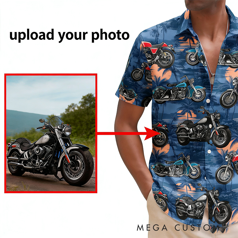 Personalized Vintage Motorcycle Photo Hawaiian Shirt Personalized Biker Shirt for Riders and Motorbike Lovers