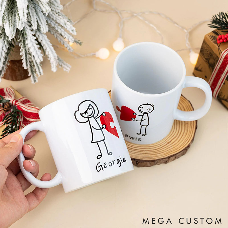 Personalized Couple Heart Pazzle Mugs Couple Coffee Mug Custom Name Valentine's Gift for Girlfriend Boyfriend Gift for Husband Wife 