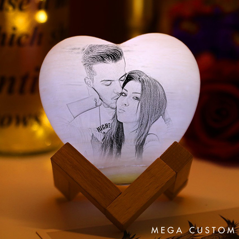 Personalized Couple Photo Heart Moon Night Light Moon Touch Lamp from Your Photo 3D Printed Lunar Led Table Lamp Anniversary Valentines Day Gift