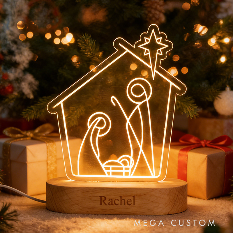 Personalized Nativity Scene LED Night Light with Name Wooden Base Home Decor Religious Gift Christmas Gift for Kid