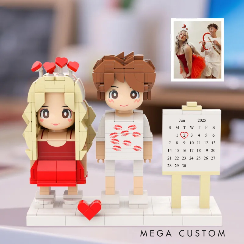 Personalized Custom Couple Brick Figure Set with Calendar - Personalized Photo Minifigure Building Blocks, Valentine’s/Anniversary Gift