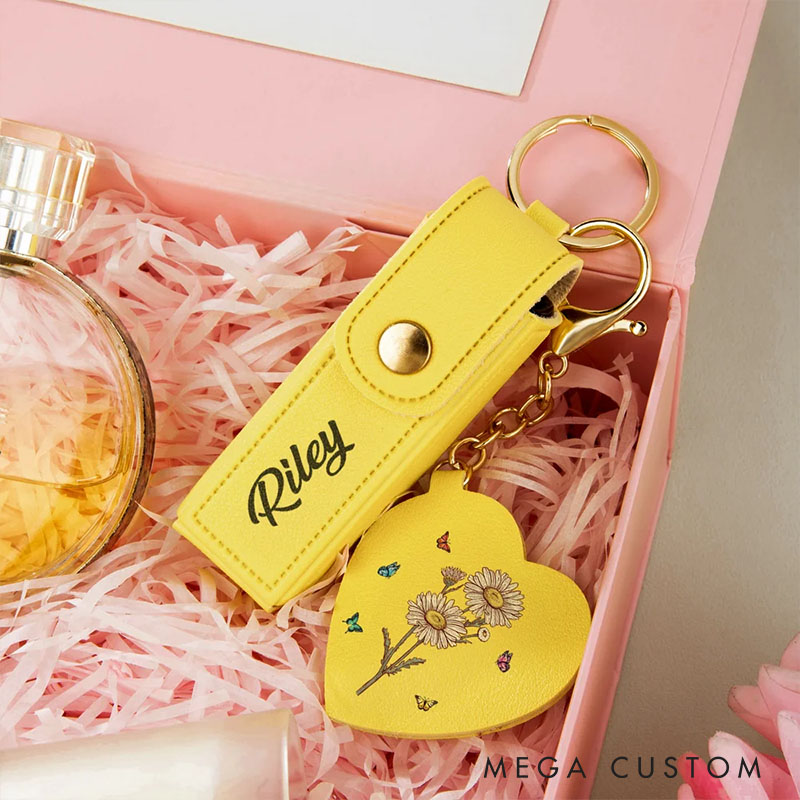 Personalized Girlfriend Birth Flower PU Leather Name Lipstick Case Keychain with Heart-shaped Mirror Wife Makeup Essentials Women Valentines Day Gift