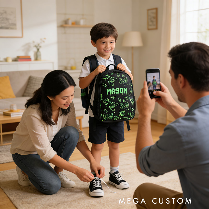 Personalized Graffiti Game Controller Backpack Custom Name for Kids and Game Lovers Birthday Black to School Christmas Gift