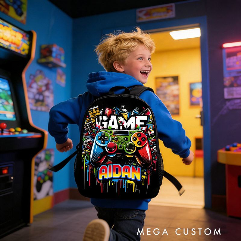Personalized Colorful Graffiti Game Controller Backpack Custom Name for Kids and Game Lovers Birthday Black to School Christmas Gift