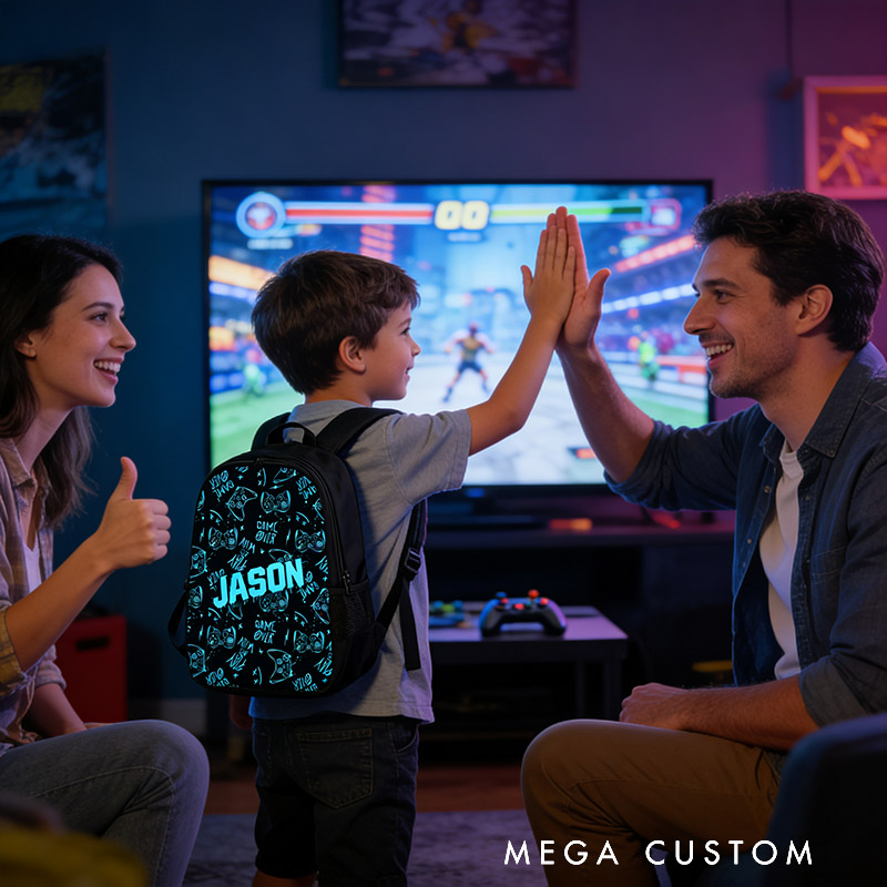 Personalized Blue Watercolor Style Game Controller Backpack Custom Name for Kids and Game Lovers Birthday Black to School Christmas Gift