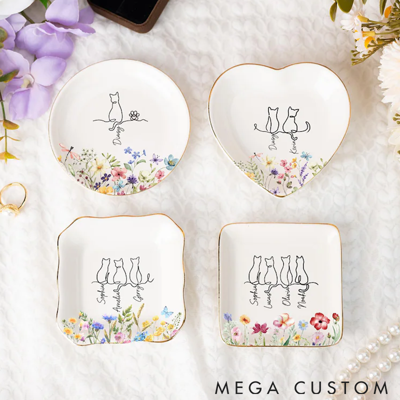 Personalized Cat Lover Custom Cat Floral Ring Dishes